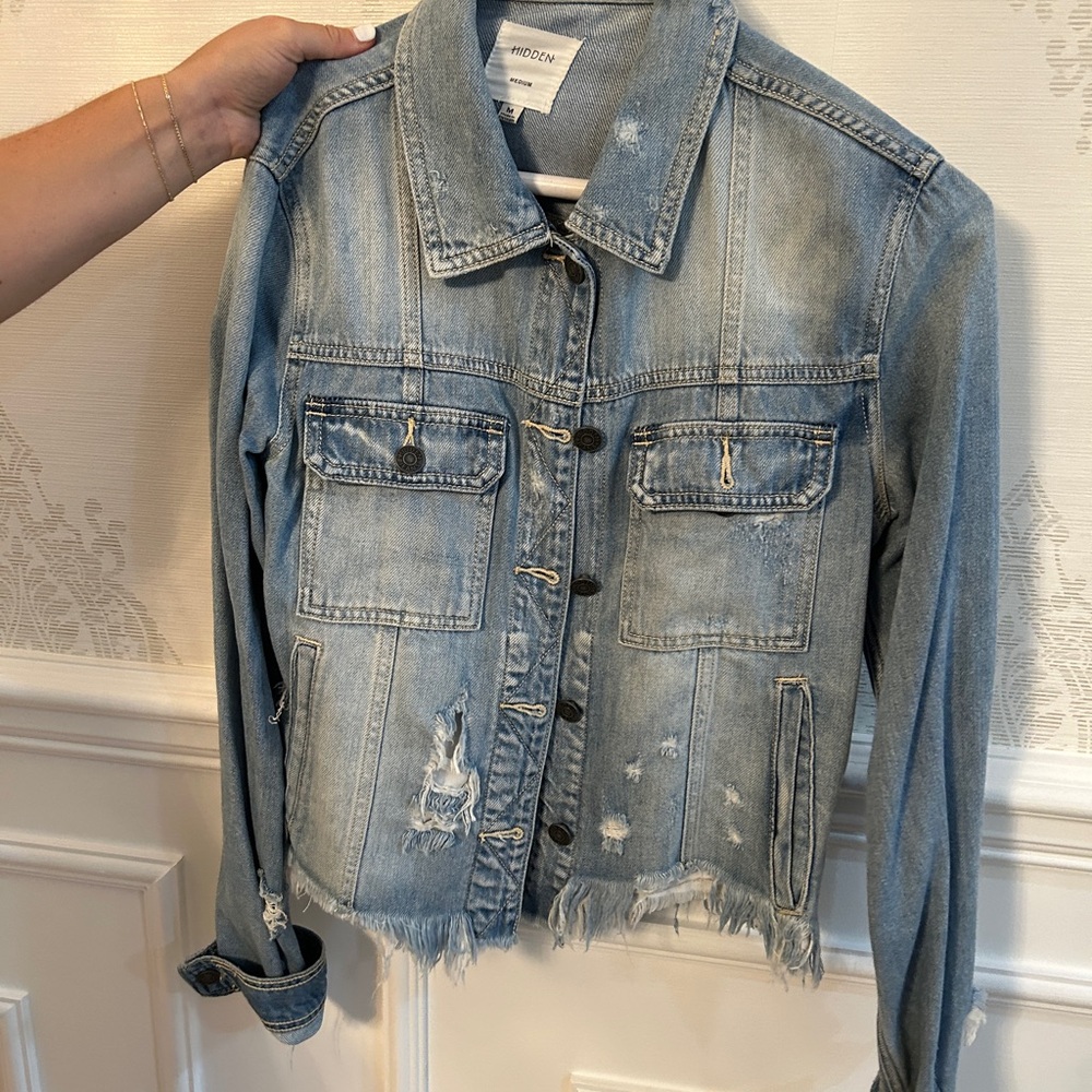 Light wash frayed denim jacket